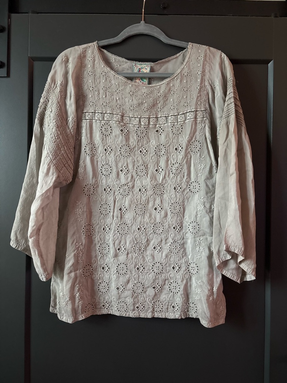 Johnny Was Pale Gray Eyelet Embroidered Blouse